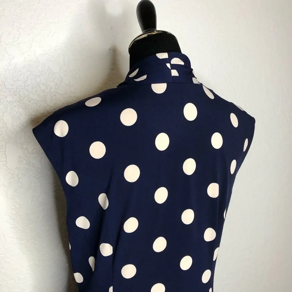 Eliza J navy blue cream tan polka dot faux wrap dress size 14